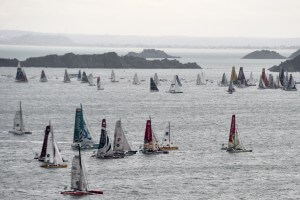 Competitors take the start of the 10th edition of the Route du Rhum sailing race in Saint-Malo, western France, on November 2, 2014. The Route du Rhum is a solo race held every four years between Saint-Malo to Pointe-a-Pitre, in the French West Indies. AFP PHOTO / DAMIEN MEYER